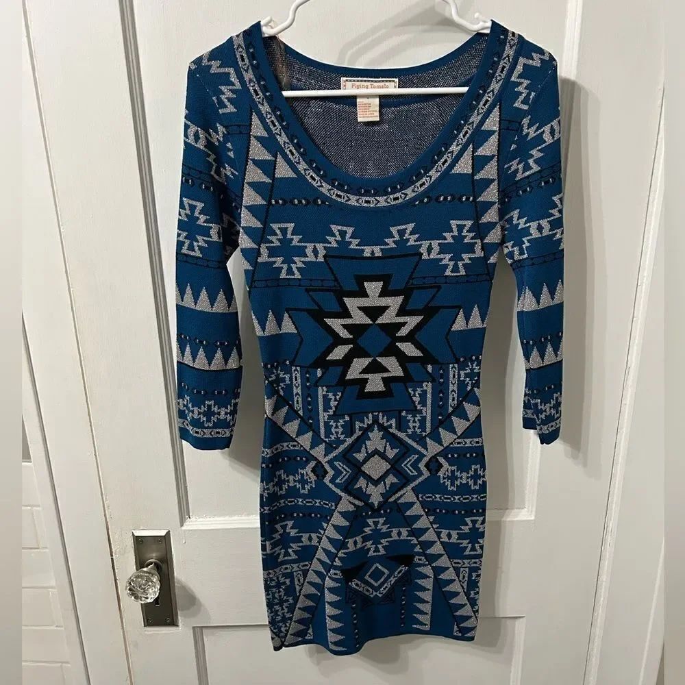 Flying Tomato Blue and Gray Bodycon Dress with Scoop Neck